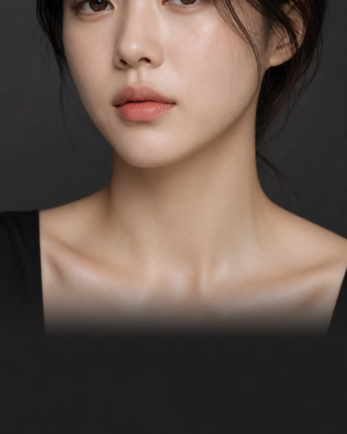 자연스러운 누드 코랄 립과 피부 표현을 보여주는 한국 여성의 얼굴 하관 포트레이트