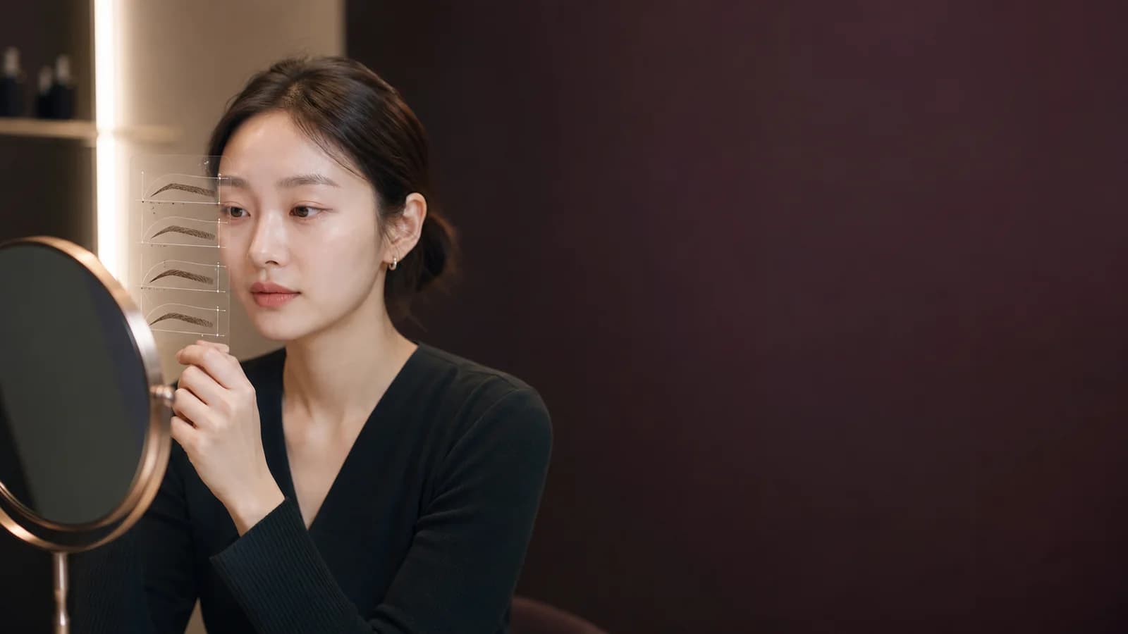 거울과 네 구역 사진을 비교하며 눈썹 밀도 연결을 살피는 성인 한국인 여성