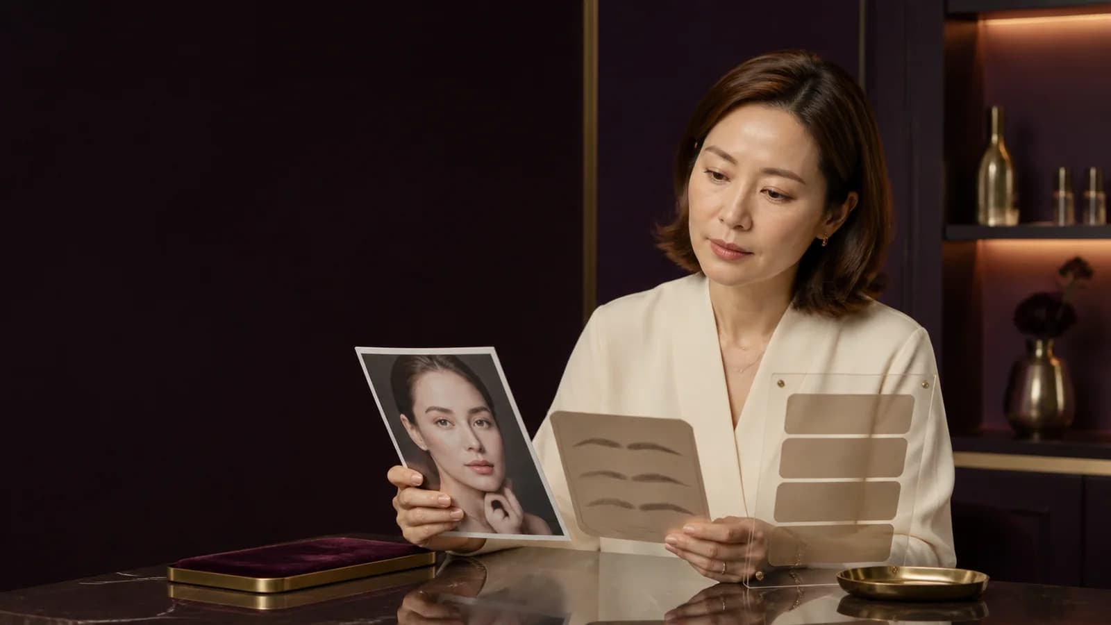 얼굴 사진과 네 단계 디자인 상담 카드를 함께 살펴보는 성인 한국인 여성