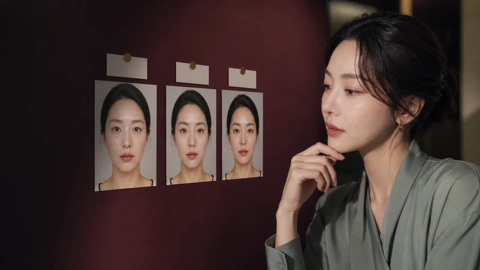 날짜 카드가 놓인 입술 사진 세 장을 비교하는 성인 한국인 여성