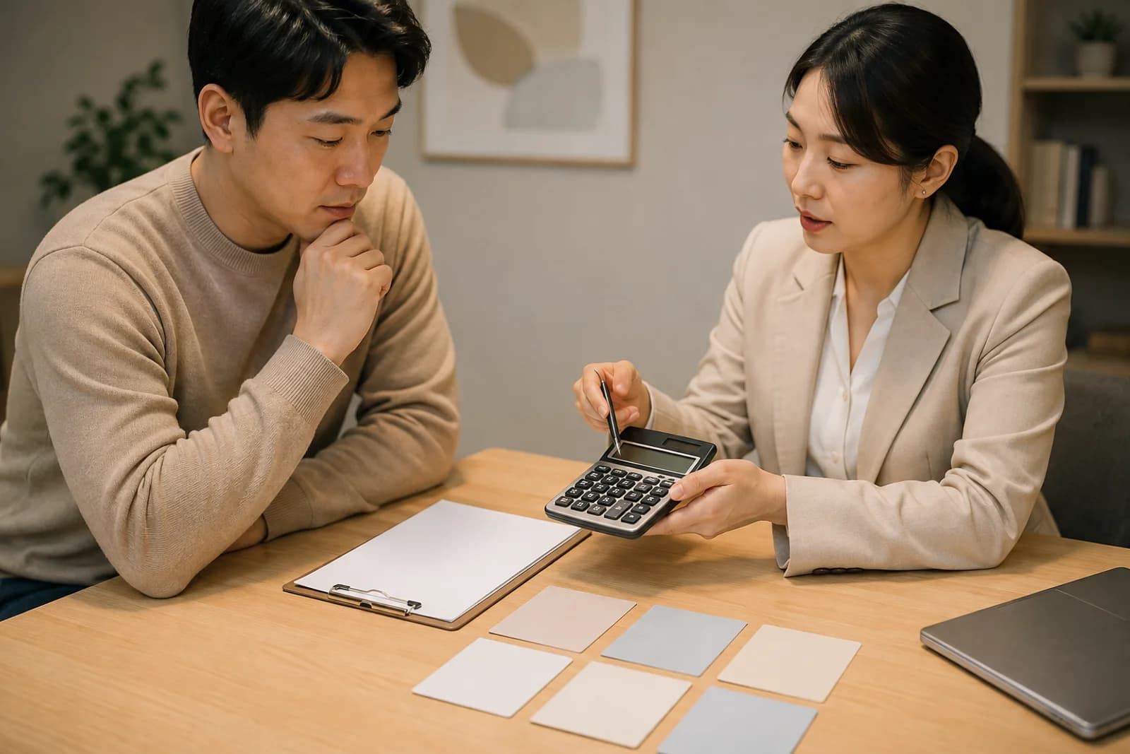 여섯 장의 지원 조건 카드와 교육 예산표를 비교하는 한국 성인 학습자