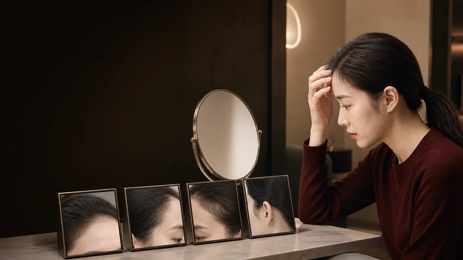 정면과 옆모습 헤어라인 경계 네 곳을 거울에서 확인하는 성인 한국인 여성