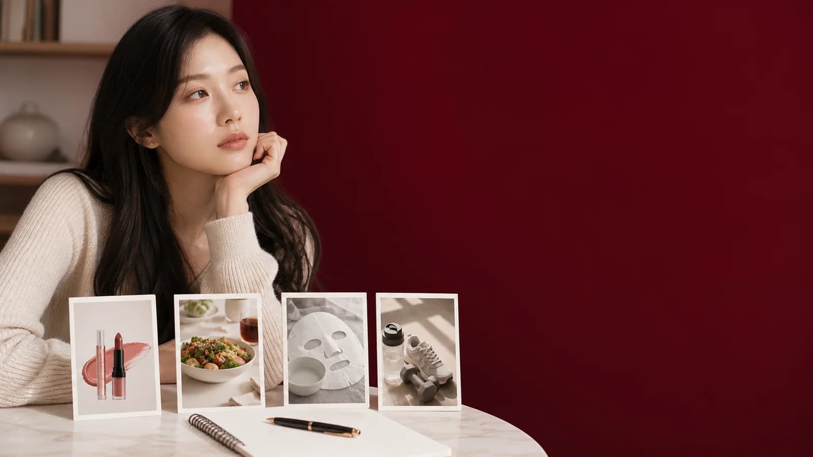 립 제품 식사 마스크 일정 카드를 거울 옆에서 정리하는 성인 한국인 여성