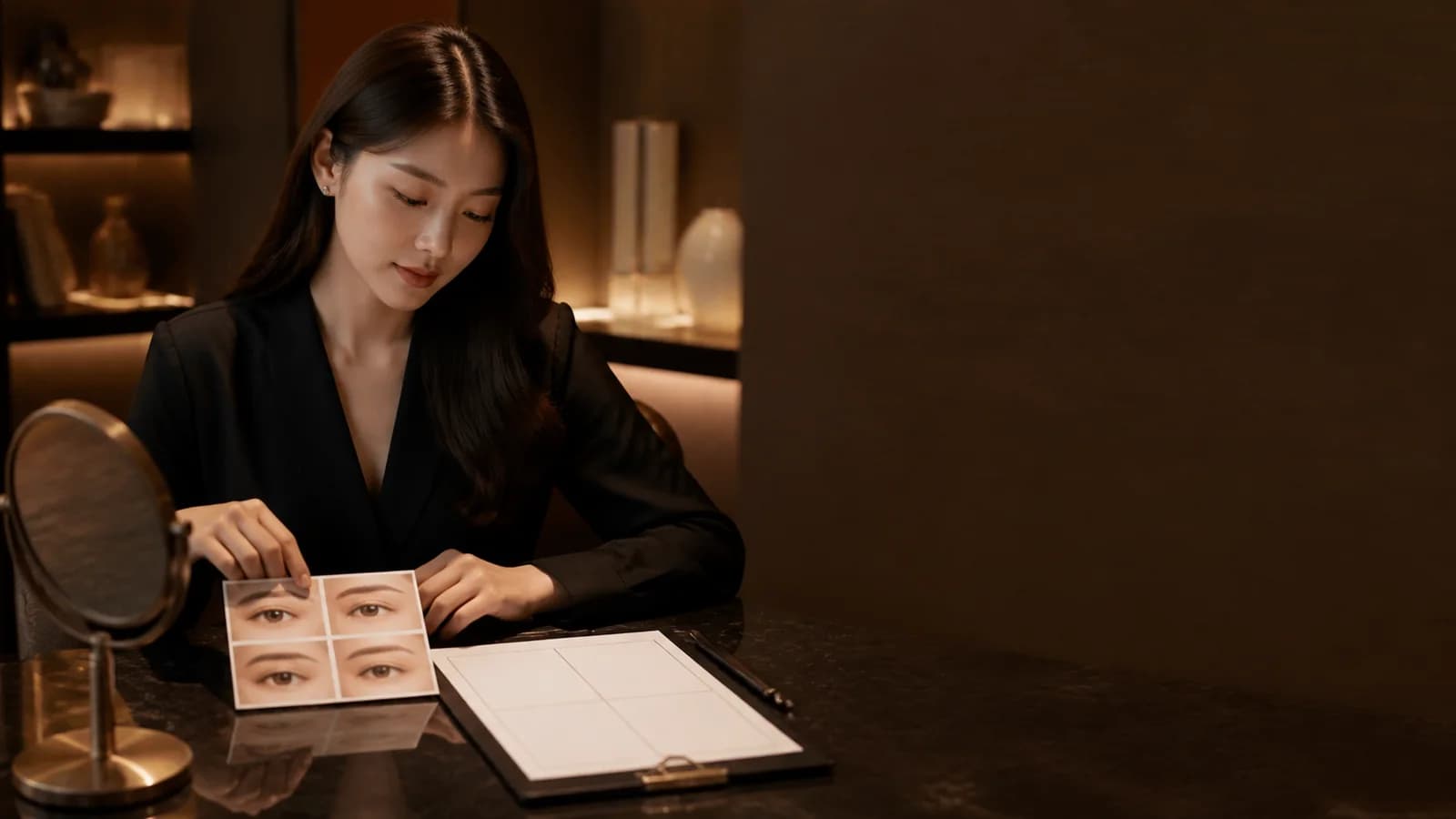 거울과 네 칸 상담표를 펼쳐 눈썹 기준을 적는 성인 한국인 여성