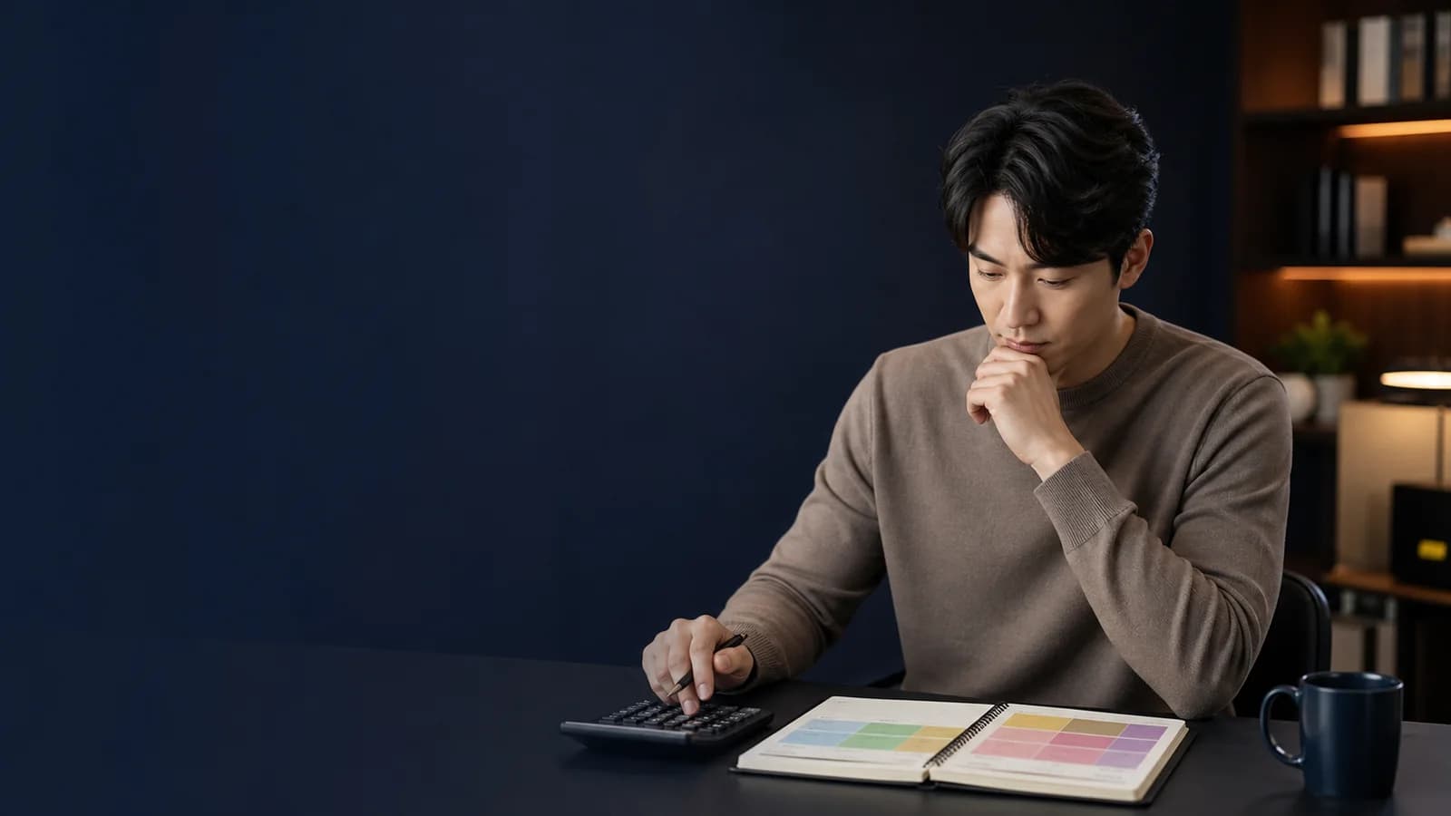 달력과 시간 블록을 계산기로 정리하는 성인 한국인 학습자