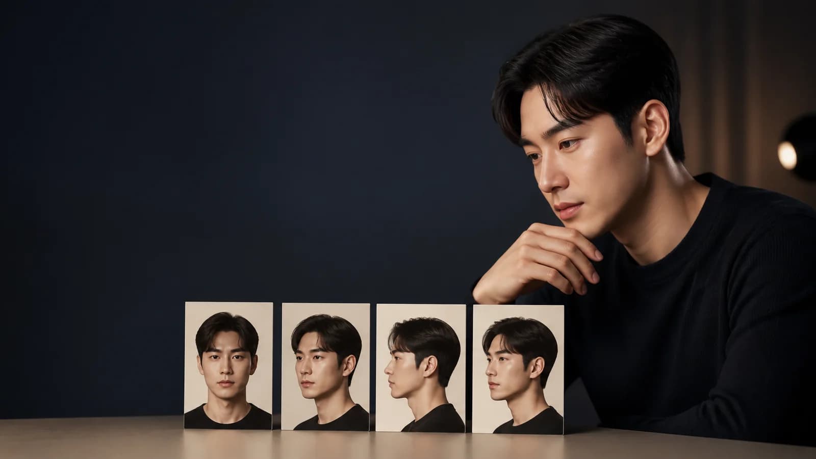 정면과 45도 얼굴 사진을 비교하는 성인 한국인 남성