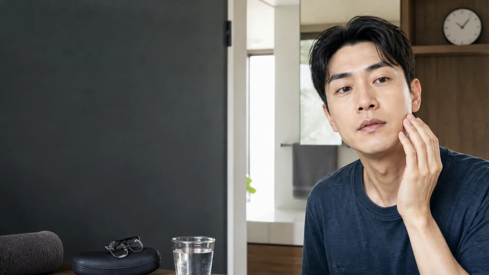 거울 앞에서 출근 전 눈썹 3분 루틴을 확인하는 성인 한국인 남성