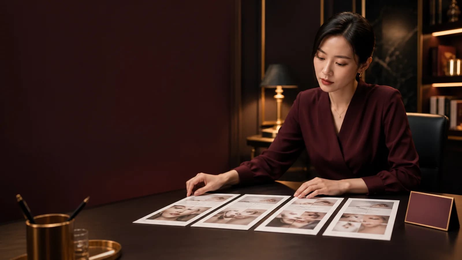 실습 기록 네 장과 가격표를 차례로 비교하는 성인 한국인 학습자