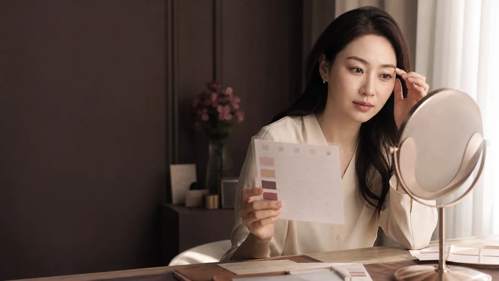 달력과 거울 앞에서 눈썹 변화 시점을 점검하는 성인 한국인 여성