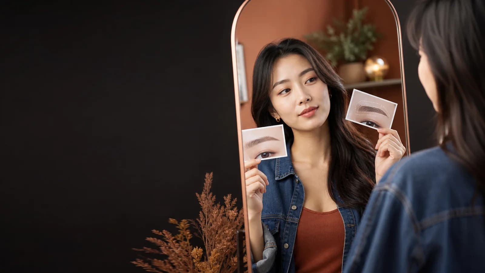 원하는 눈썹과 피할 경계를 사진 카드로 비교하는 성인 한국인 여성