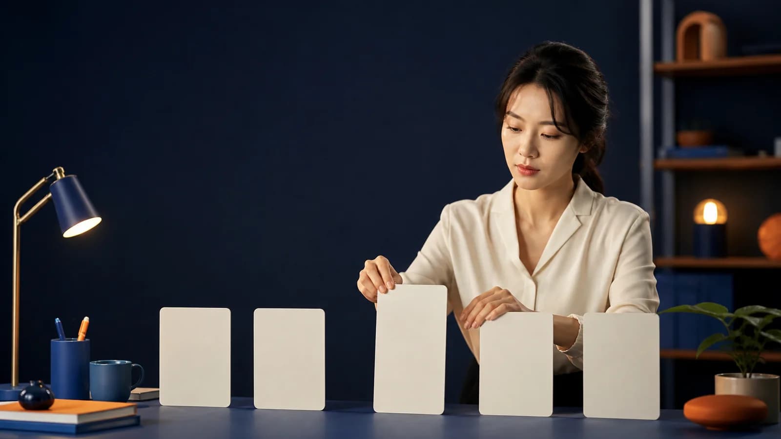 다섯 단계 실습 카드를 순서대로 정리하는 성인 한국인 학습자