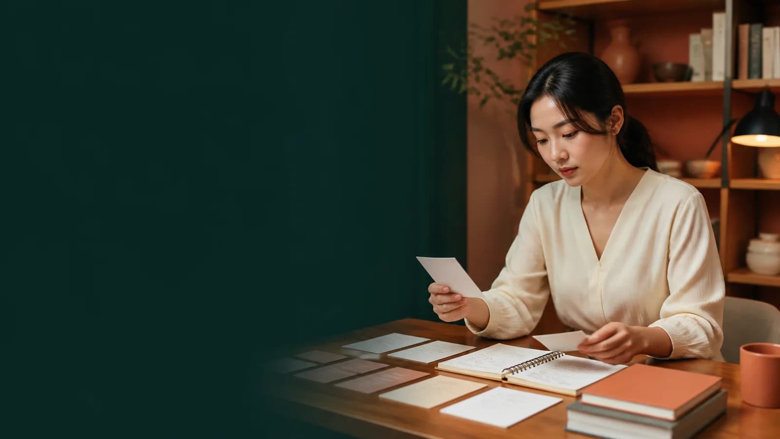 수업 뒤 질문 카드와 복습 기록을 정리하는 성인 한국인 학습자