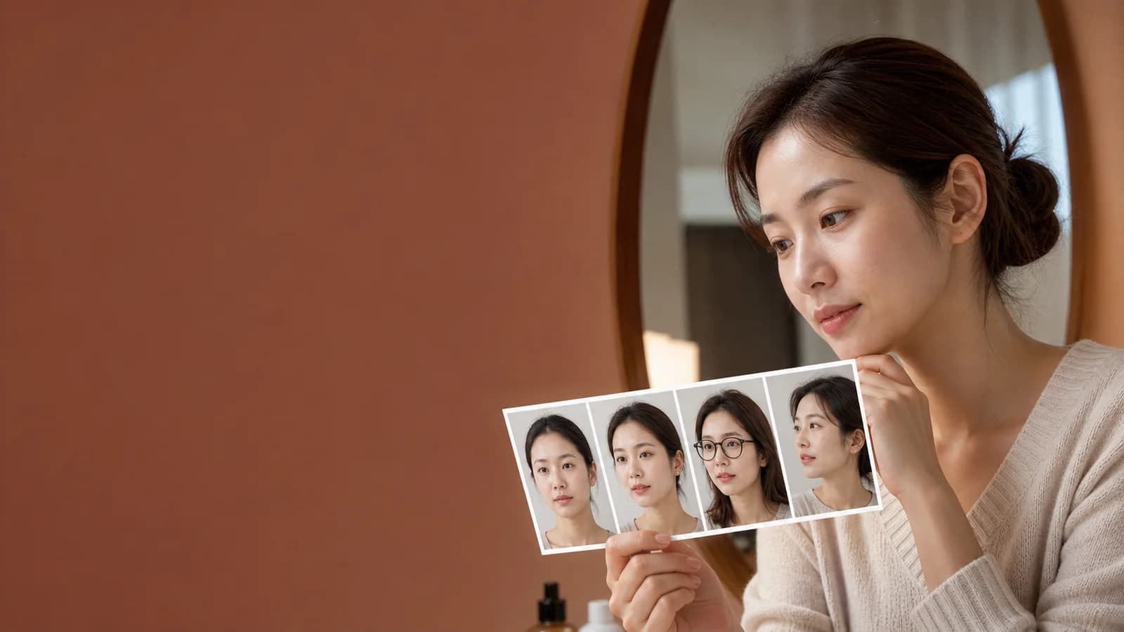 민낯 화장 헤어 대화 거리 사진 네 장을 거울 옆에서 비교하는 성인 한국인 여성