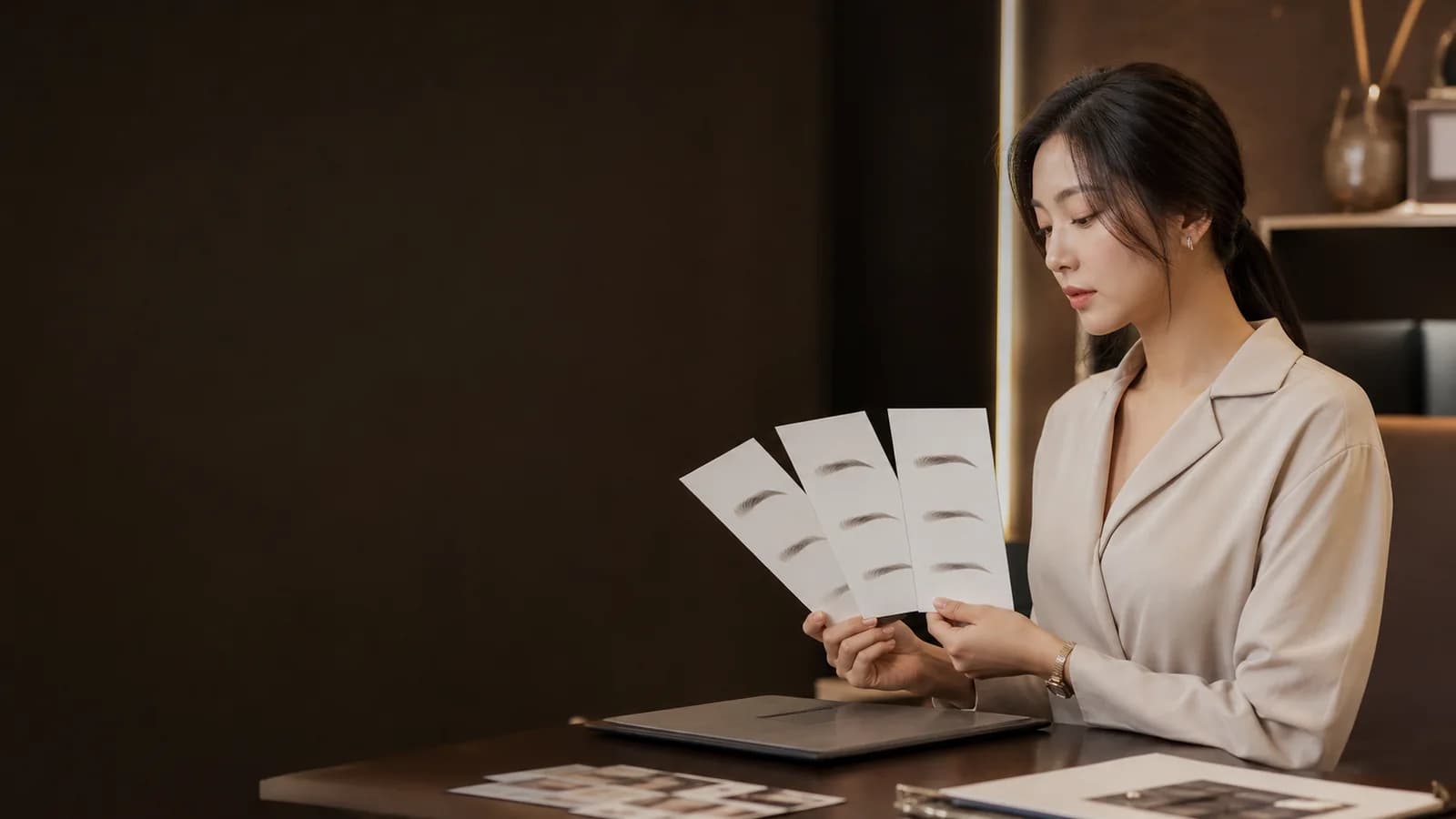 현재선 첫 제안 수정 합의 스케치 세 장을 비교하는 성인 한국인 여성