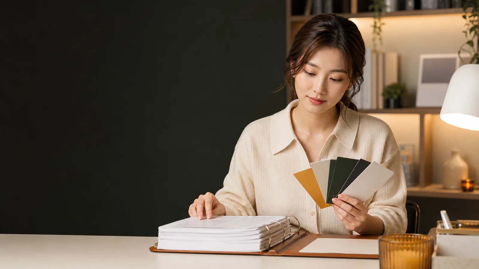 다섯 칸의 연습 노트와 평가 자료를 책상에서 검토하는 성인 한국인 학습자