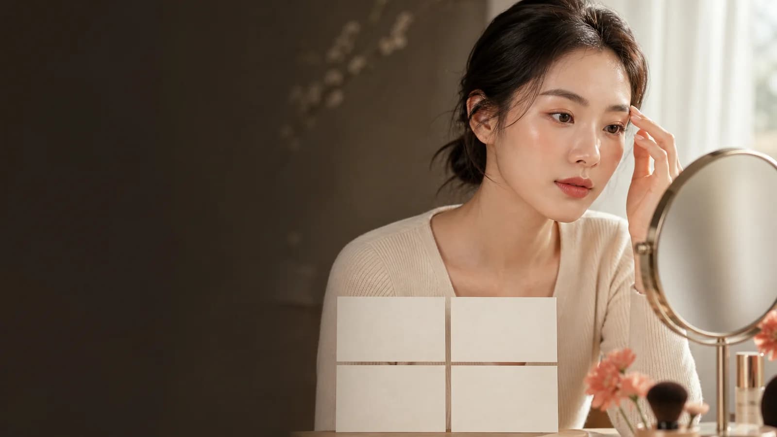 거울 앞에서 눈썹 앞머리 중심 꼬리 기존 색을 차분히 확인하는 성인 한국인 여성