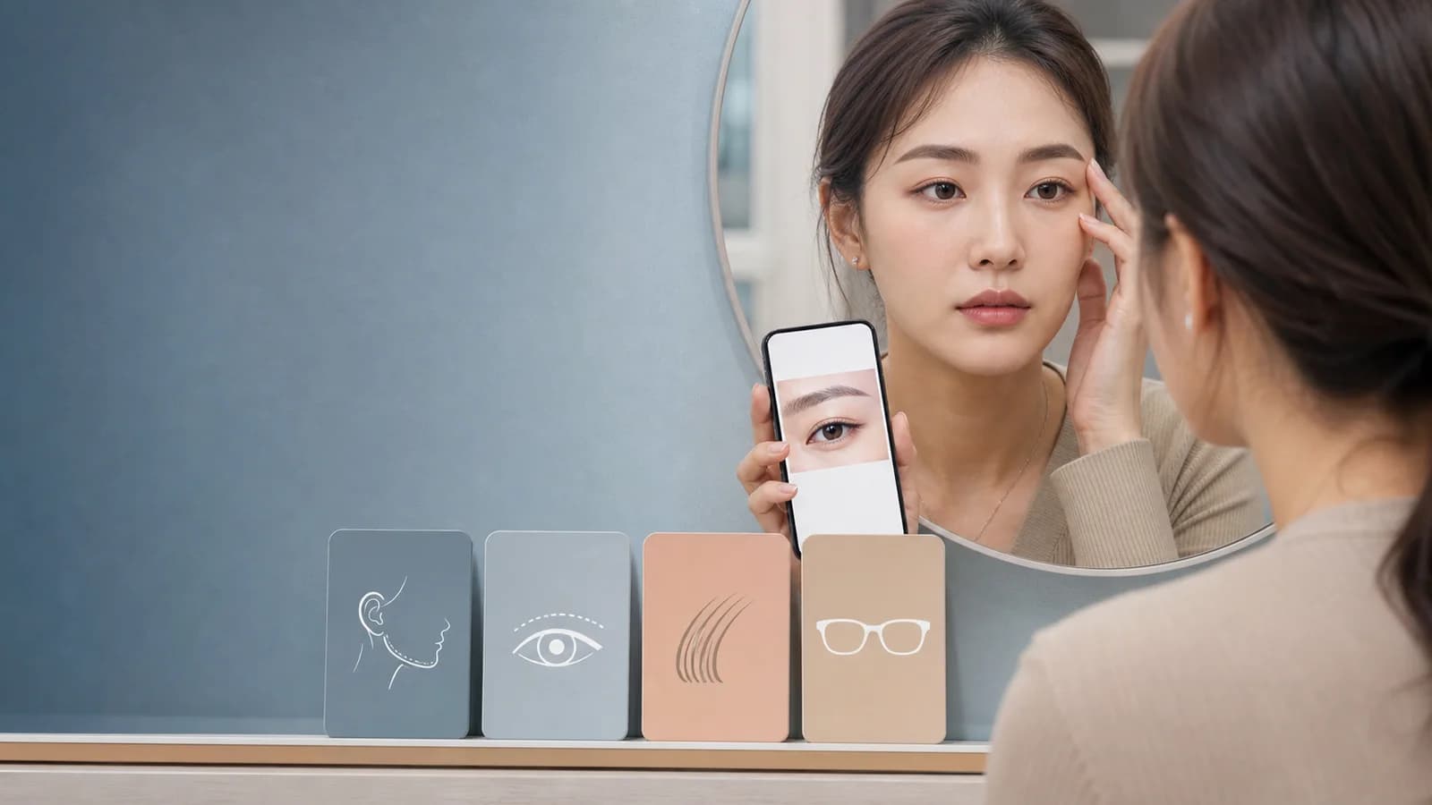 저장한 눈썹 사진과 자신의 얼굴 조건 네 가지를 비교하는 성인 한국인 여성