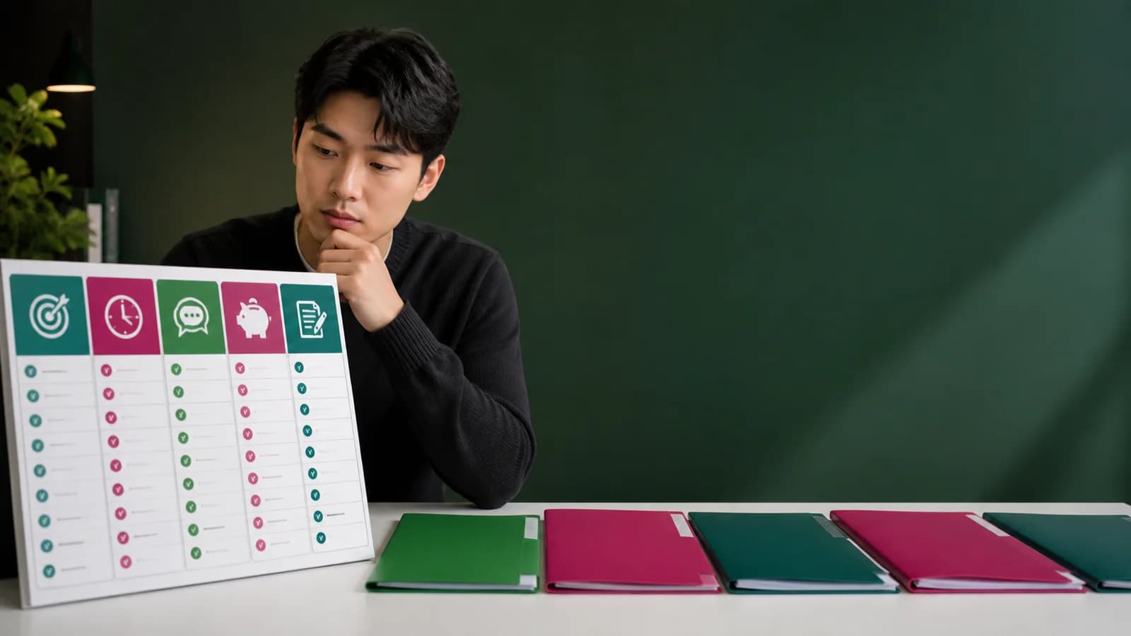 다섯 칸 상담 답변표와 여러 과정 안내서를 비교하는 성인 한국인 상담자