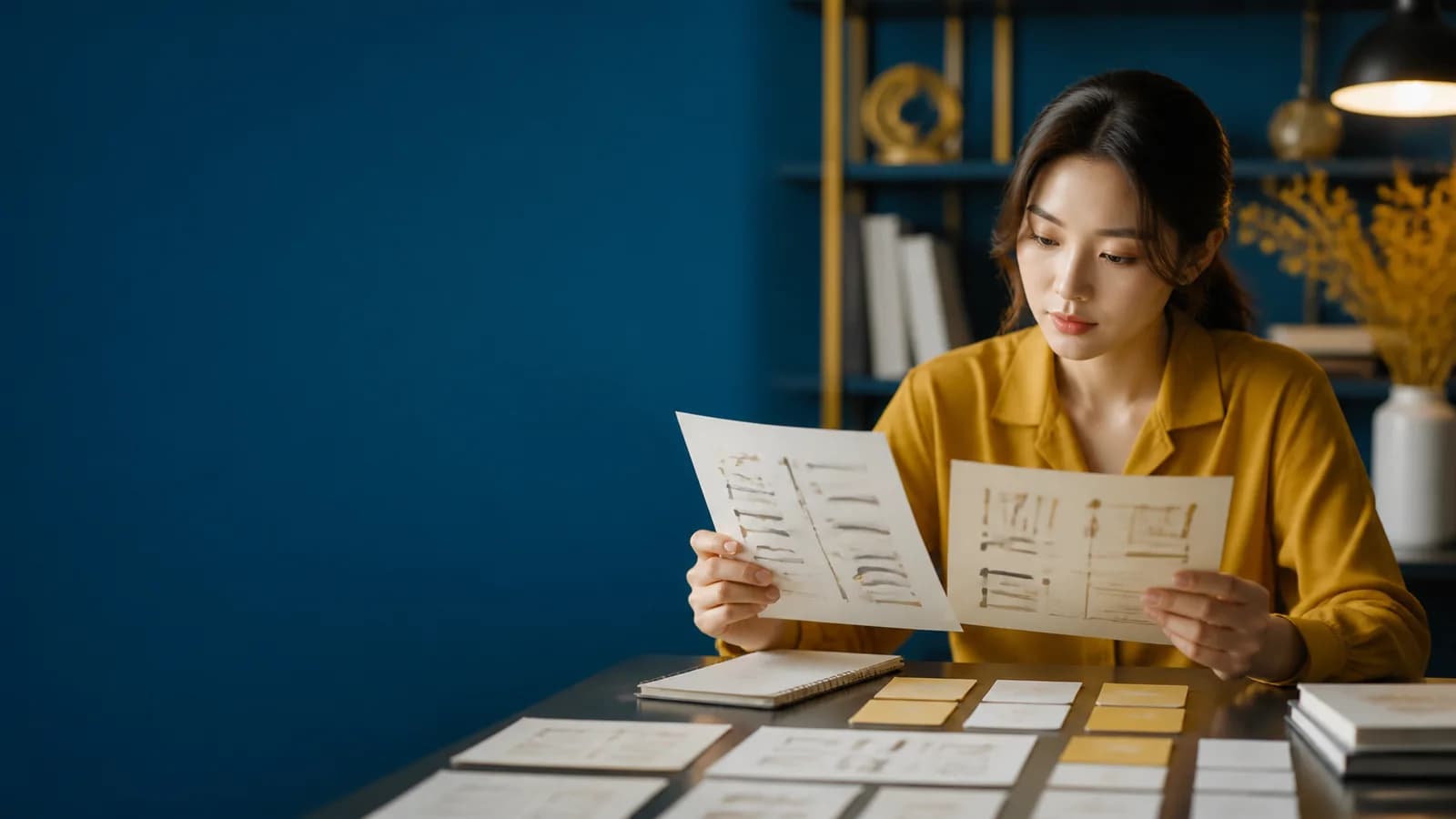 피드백 연습지와 보강 일정 카드를 비교하는 성인 한국인 학습자