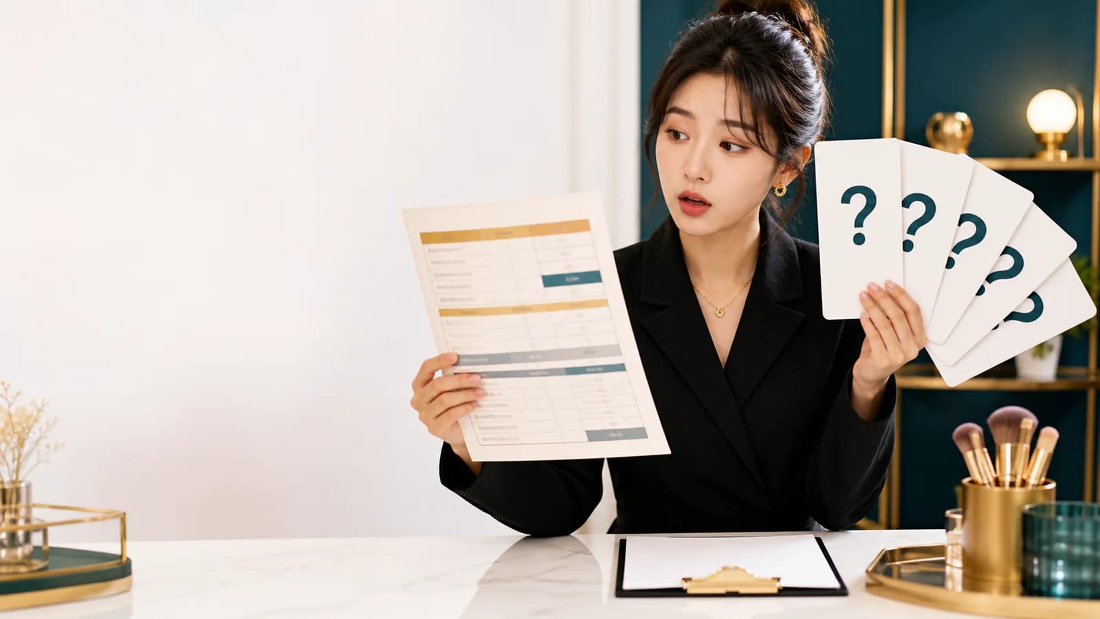 수강 가격표 아래 다섯 질문 카드를 정리하는 성인 한국인 상담자