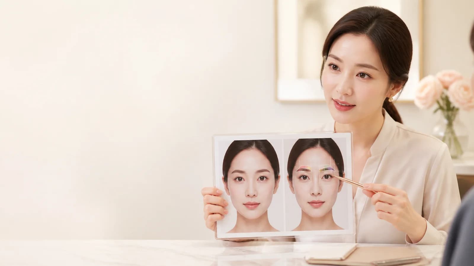 얼굴 사진 위 앞머리 산 꼬리 좌우 높이 네 구역을 비교하는 성인 한국인 여성