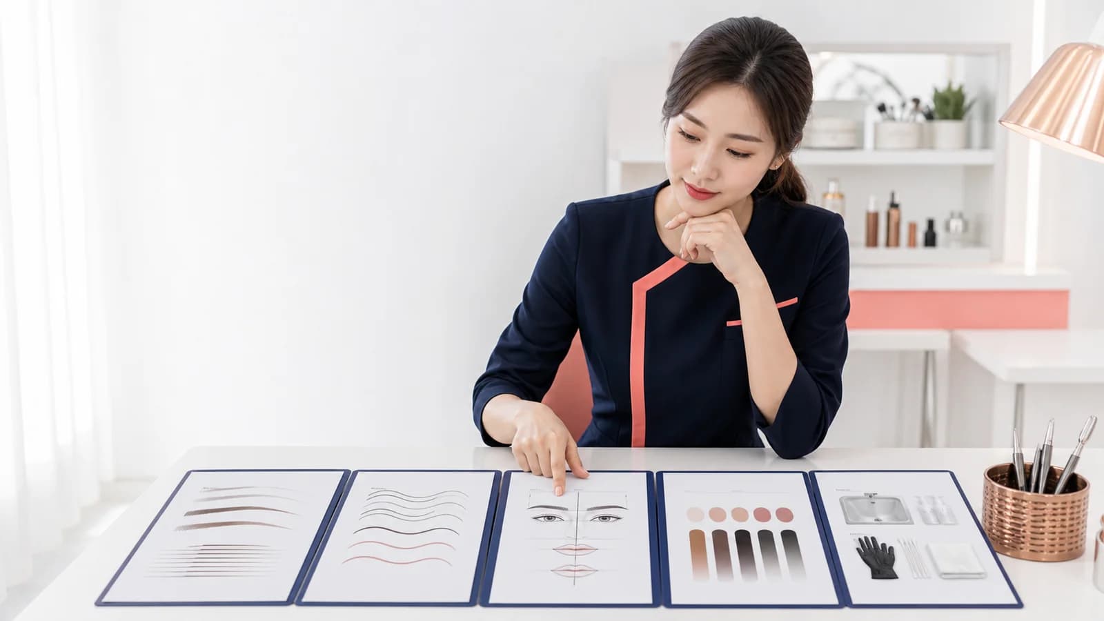 수정 전후 연습 시트 다섯 장을 책상에서 비교하는 성인 한국인 수강 상담자