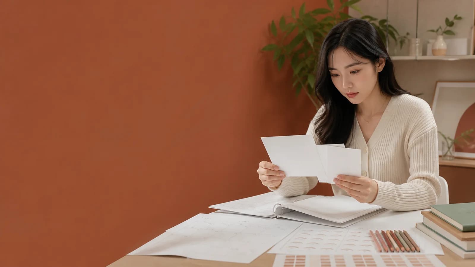 과정표와 연습 자료를 펼쳐 실무 교육 순서를 확인하는 한국 성인 학습자