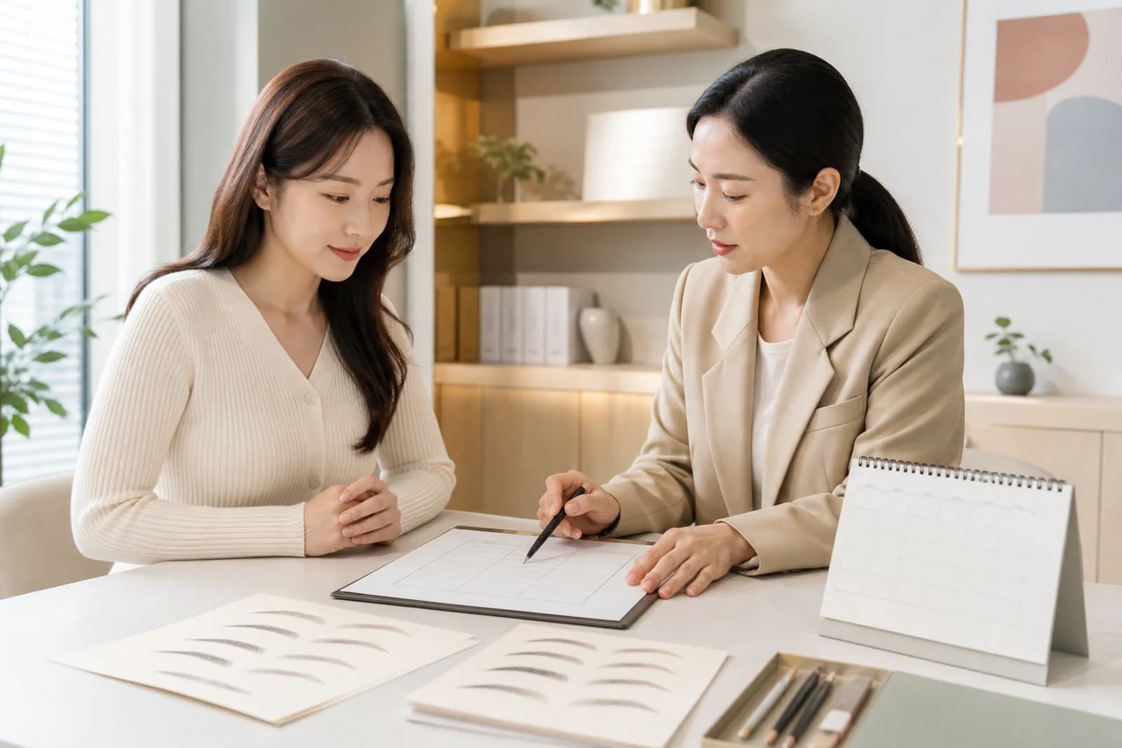 여섯 줄 예산표와 수업 달력을 함께 검토하는 한국 성인 학습자