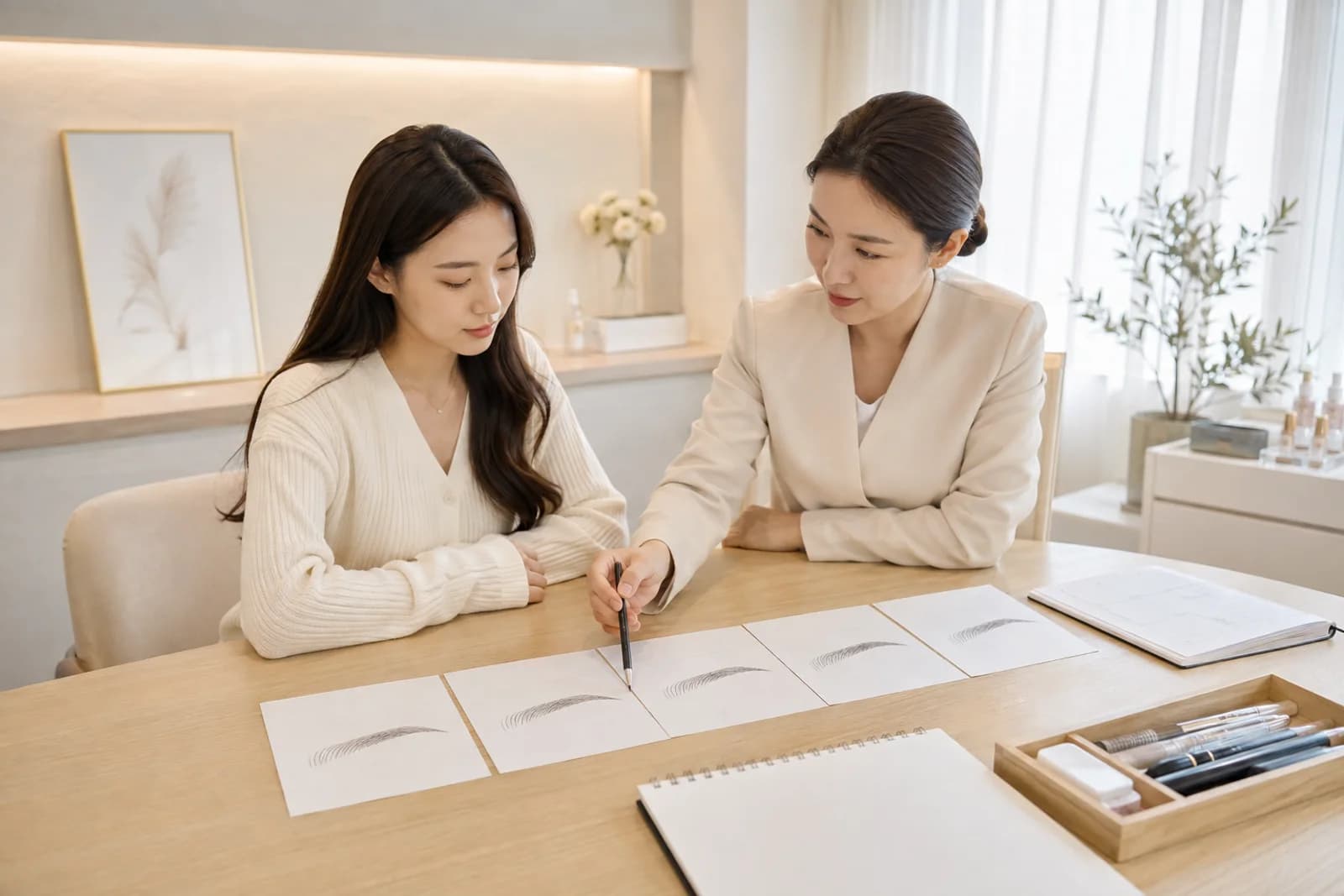 같은 눈썹 과제 다섯 장을 시간 순서로 비교하는 한국 성인 학습자