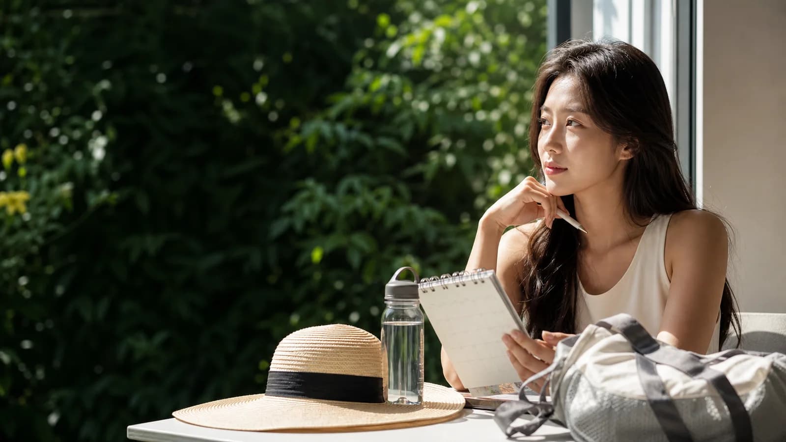 여름 달력과 모자 물병 운동 가방을 놓고 일정을 확인하는 성인 한국인 여성