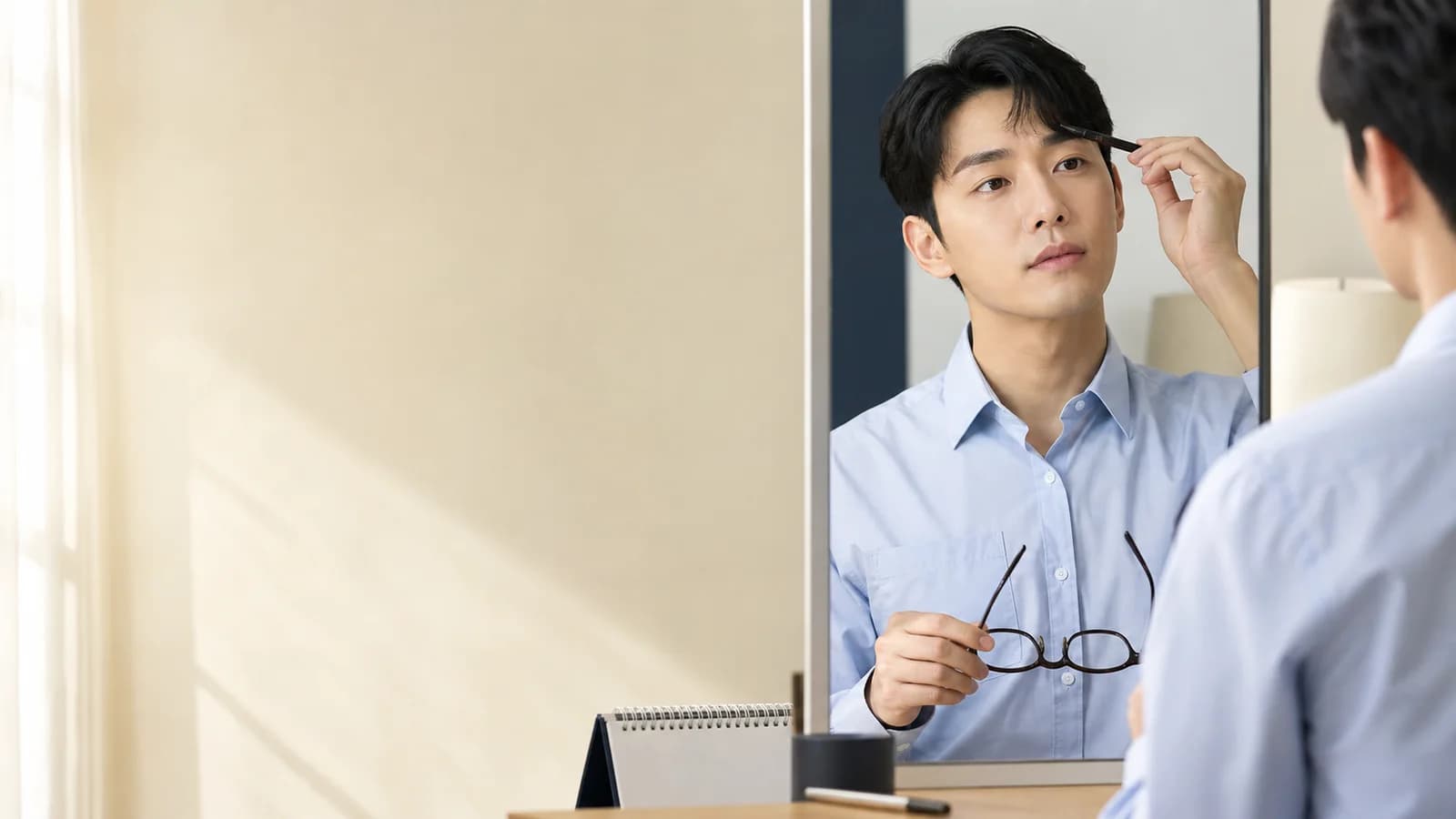 출근 달력과 민낯 사진 네 칸을 비교하는 성인 한국인 남성