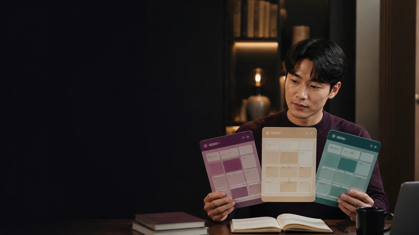 시범 연습 수정 재확인 카드를 시간표 위에 놓고 살펴보는 성인 한국인 학습자