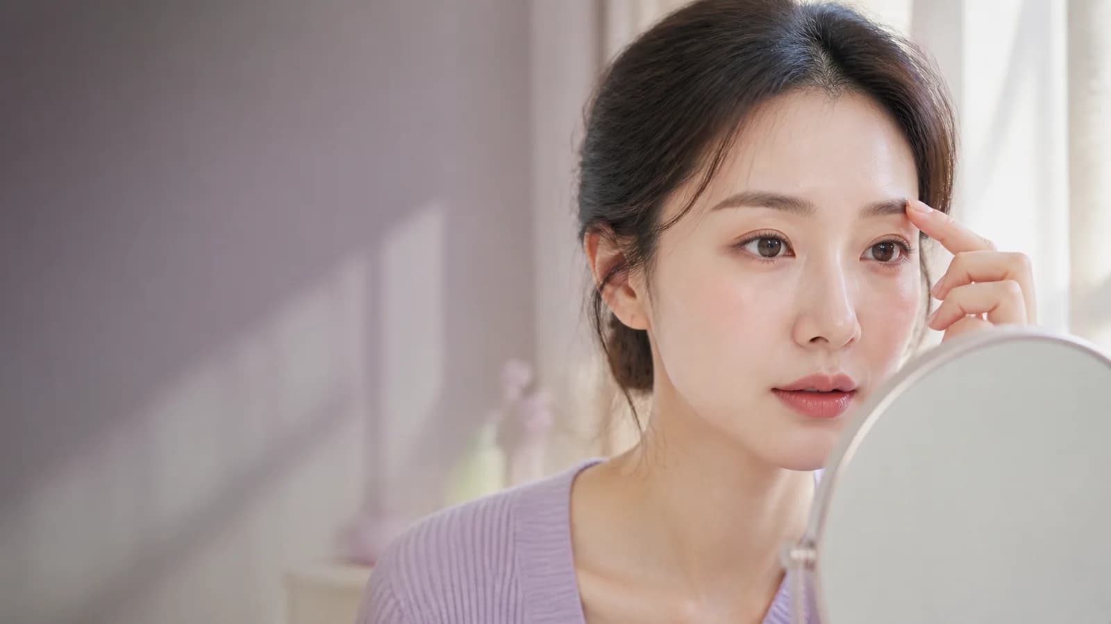 창가 거울에서 눈썹 앞머리의 피부 여백을 확인하는 성인 한국인 여성
