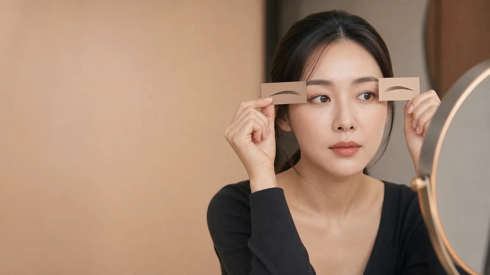 눈썹 앞머리 경계를 거울과 사진으로 비교하는 성인 한국인 여성