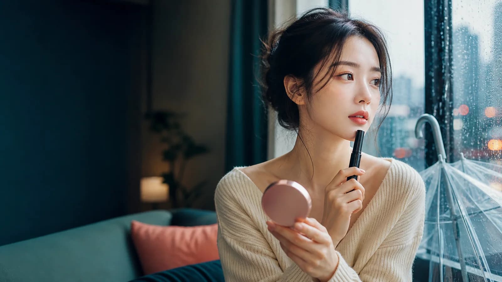 비 오는 창가에서 눈 화장 도구와 우산을 준비하는 성인 한국인 여성