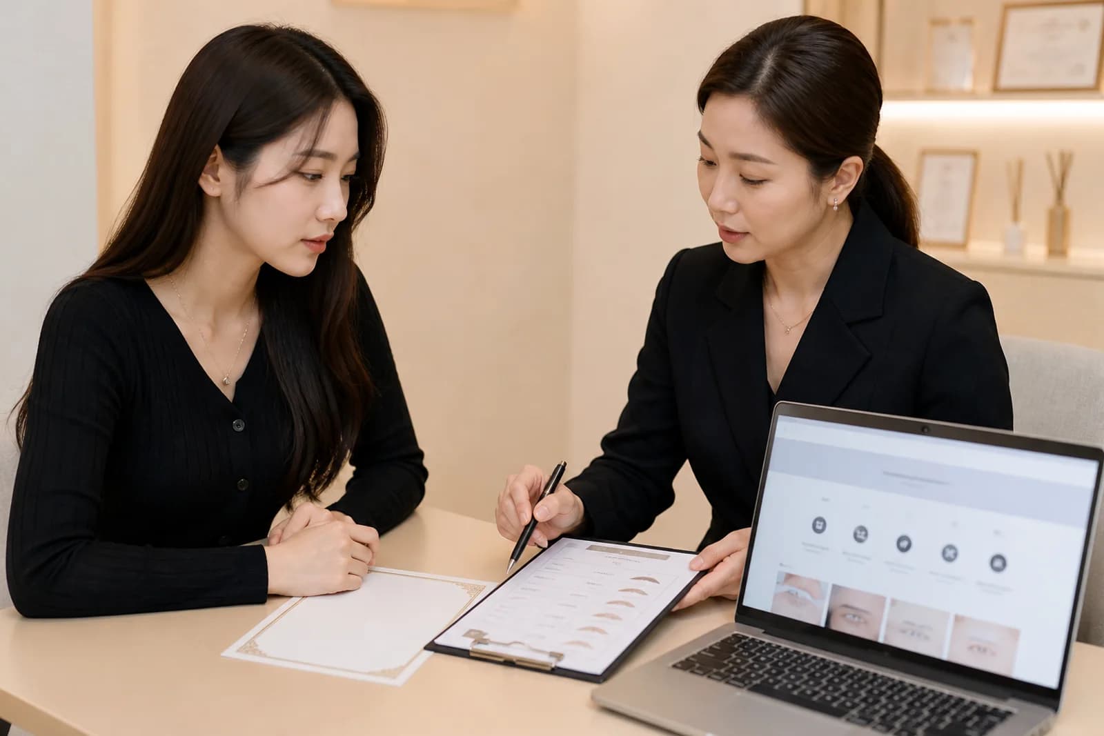 다섯 장의 자격 확인 문서와 수업표를 비교하는 한국 성인 학습자