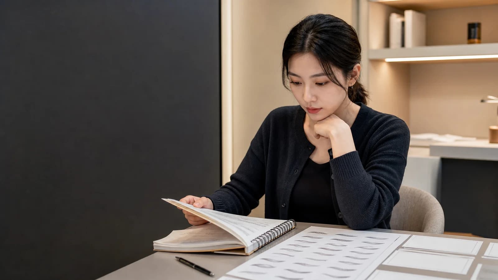 지난 연습 노트와 과정 사진을 펼쳐 재수강 질문을 정리하는 한국 성인 학습자