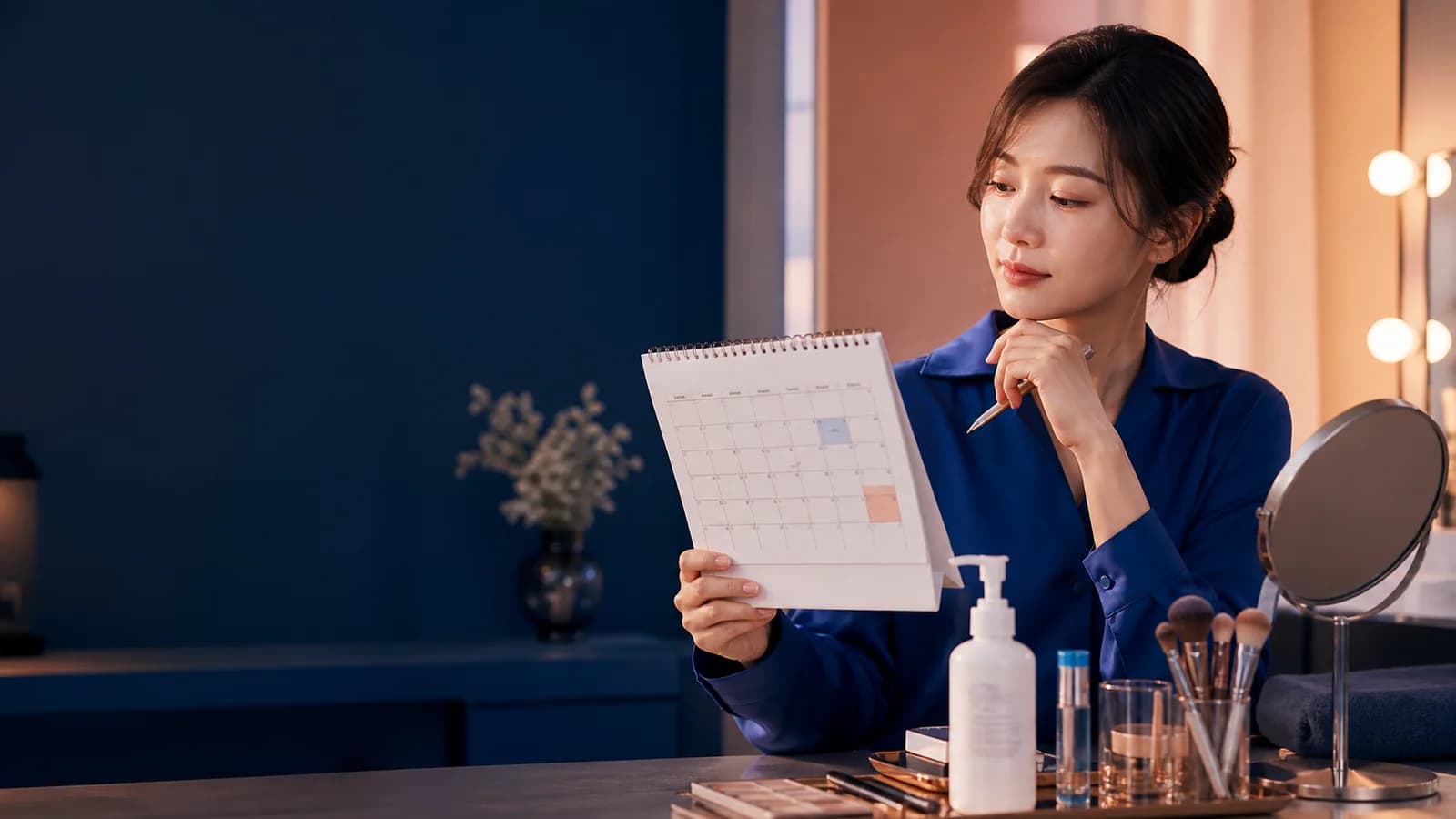 달력과 세안 메이크업 도구를 놓고 예약일을 확인하는 성인 한국인 여성