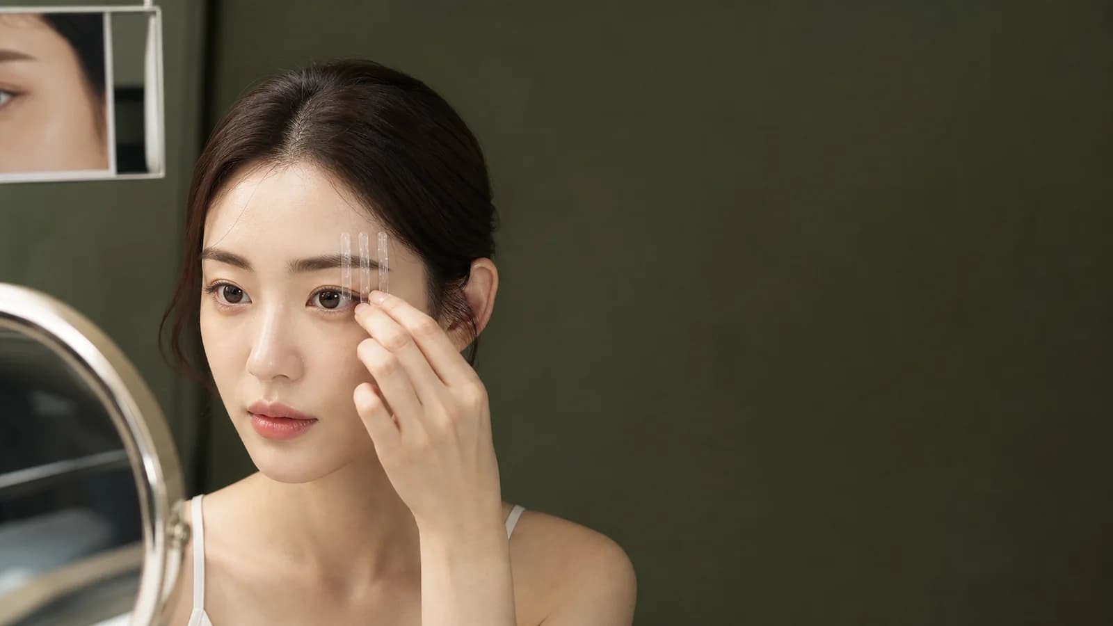 양쪽 눈썹의 앞머리 중심 꼬리 시작점을 거울과 사진에서 비교하는 성인 한국인 여성