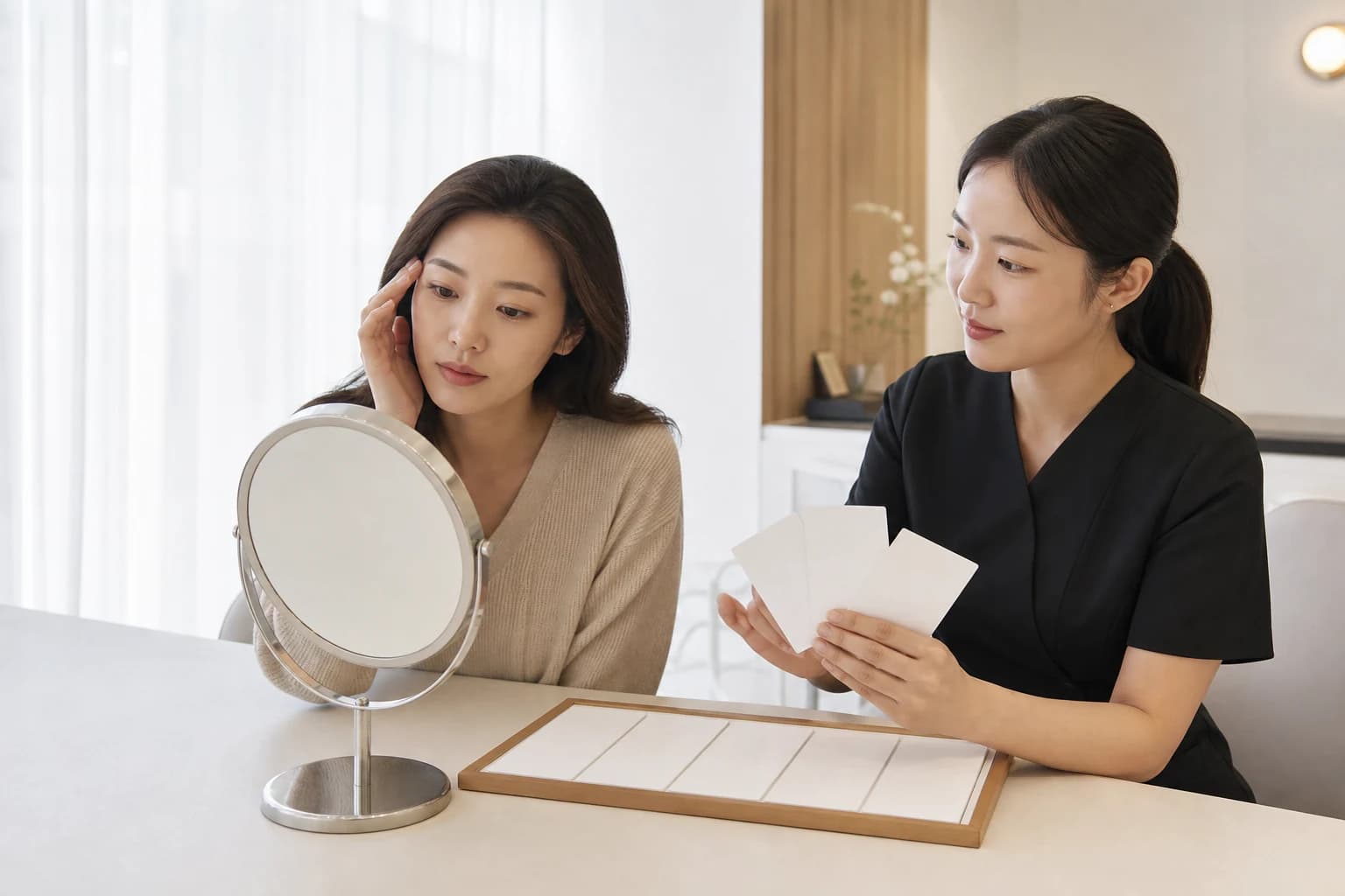 창가에서 눈썹 상태 사진과 다섯 칸 기록표를 살펴보는 성인 한국인 여성
