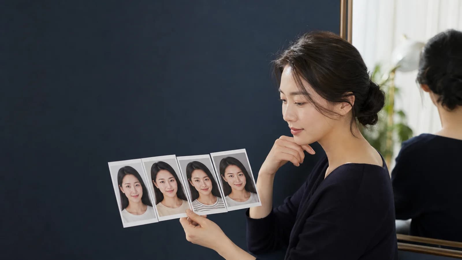 민낯 출근 대화 야외 사진을 거울 옆에서 비교하는 성인 한국인 여성