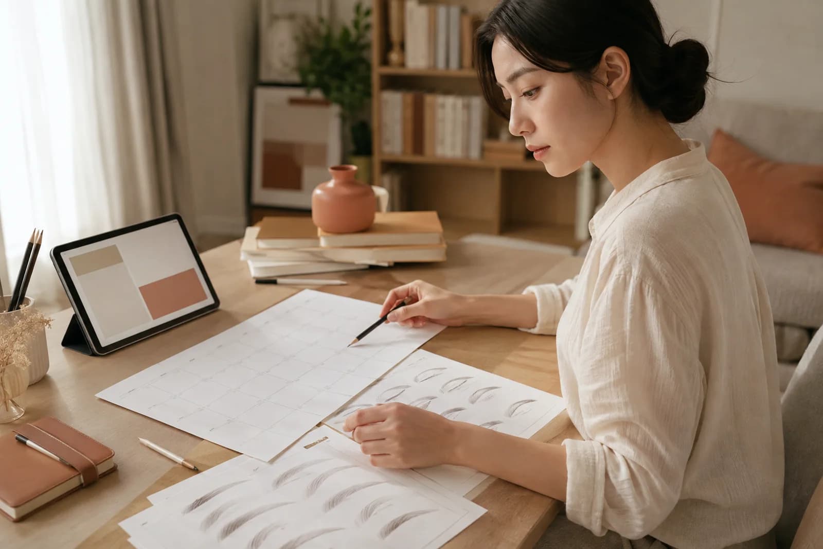 여섯 주 무문자 연습 캘린더와 눈썹 도안을 함께 검토하는 한국 성인 학습자