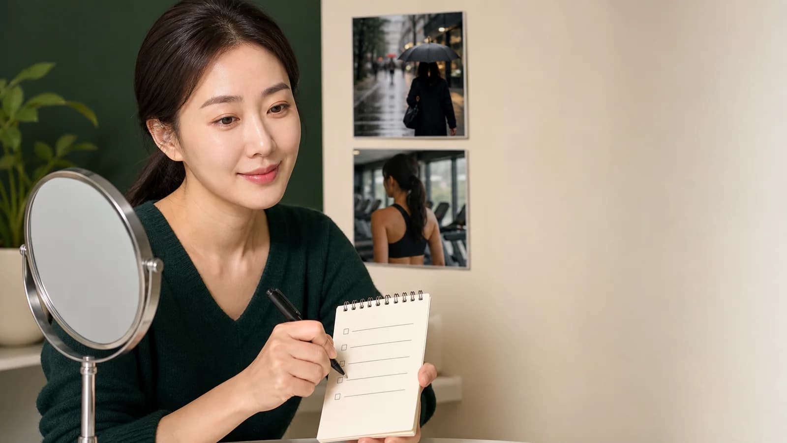 자연스러운 눈썹 사진 옆에 네 줄 상담 메모를 적는 성인 한국인 여성