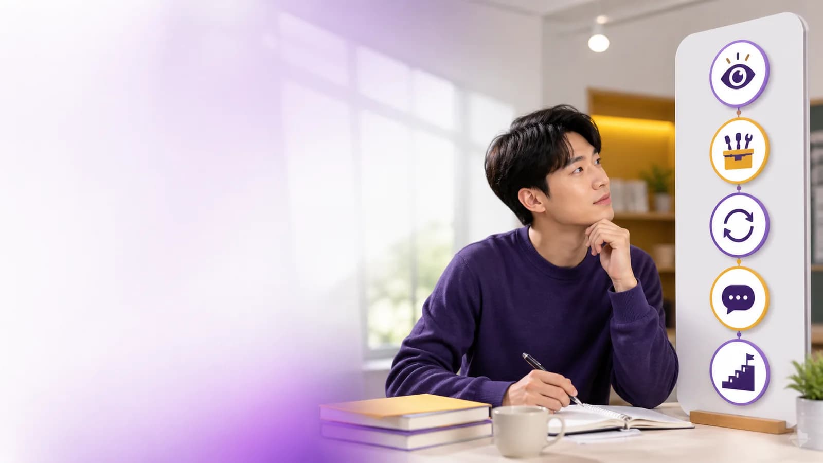 다섯 줄 진도표와 기초 연습 시트를 비교하는 성인 한국인 초보 수강 상담자