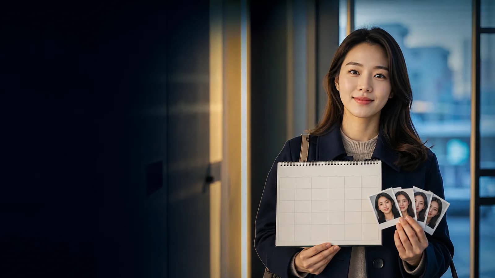 근무표와 네 가지 생활 사진을 거울 옆에서 비교하는 성인 한국인 여성
