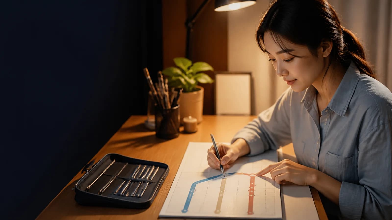 교통 지도와 네 칸 수업 동선표를 비교하는 성인 한국인 수강 상담자