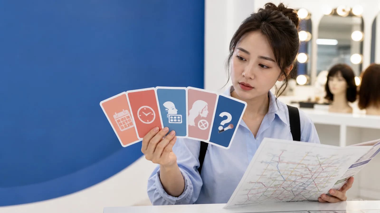 이동 노선 옆에서 다섯 보강 규칙 카드를 확인하는 성인 한국인 수강 상담자