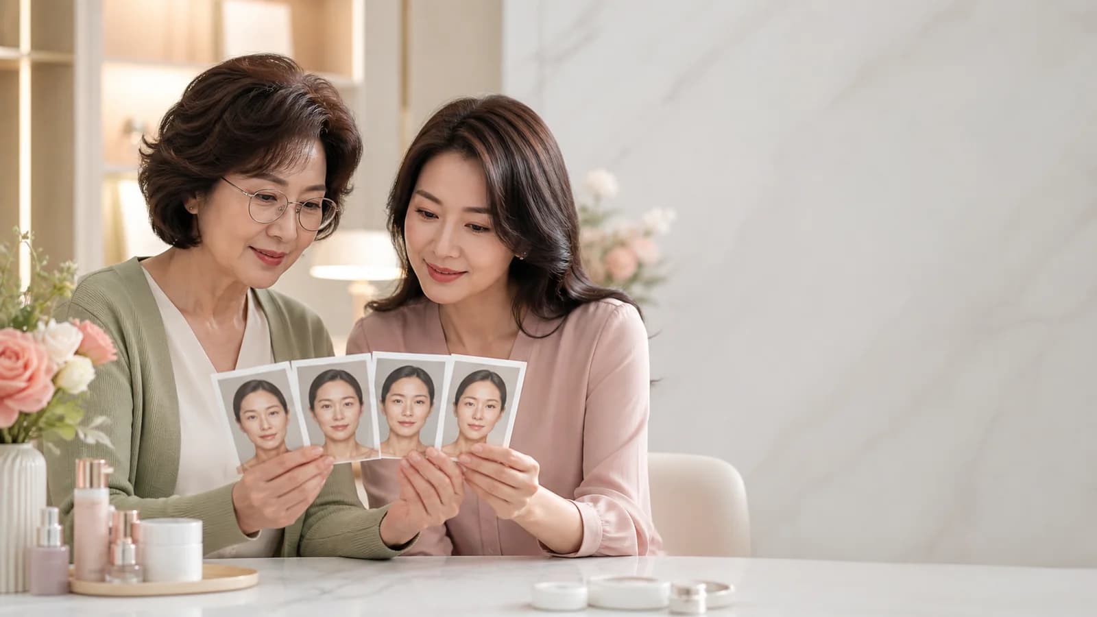 어머니와 성인 딸이 안경과 미소 사진 네 장을 함께 비교하는 따뜻한 상담 장면