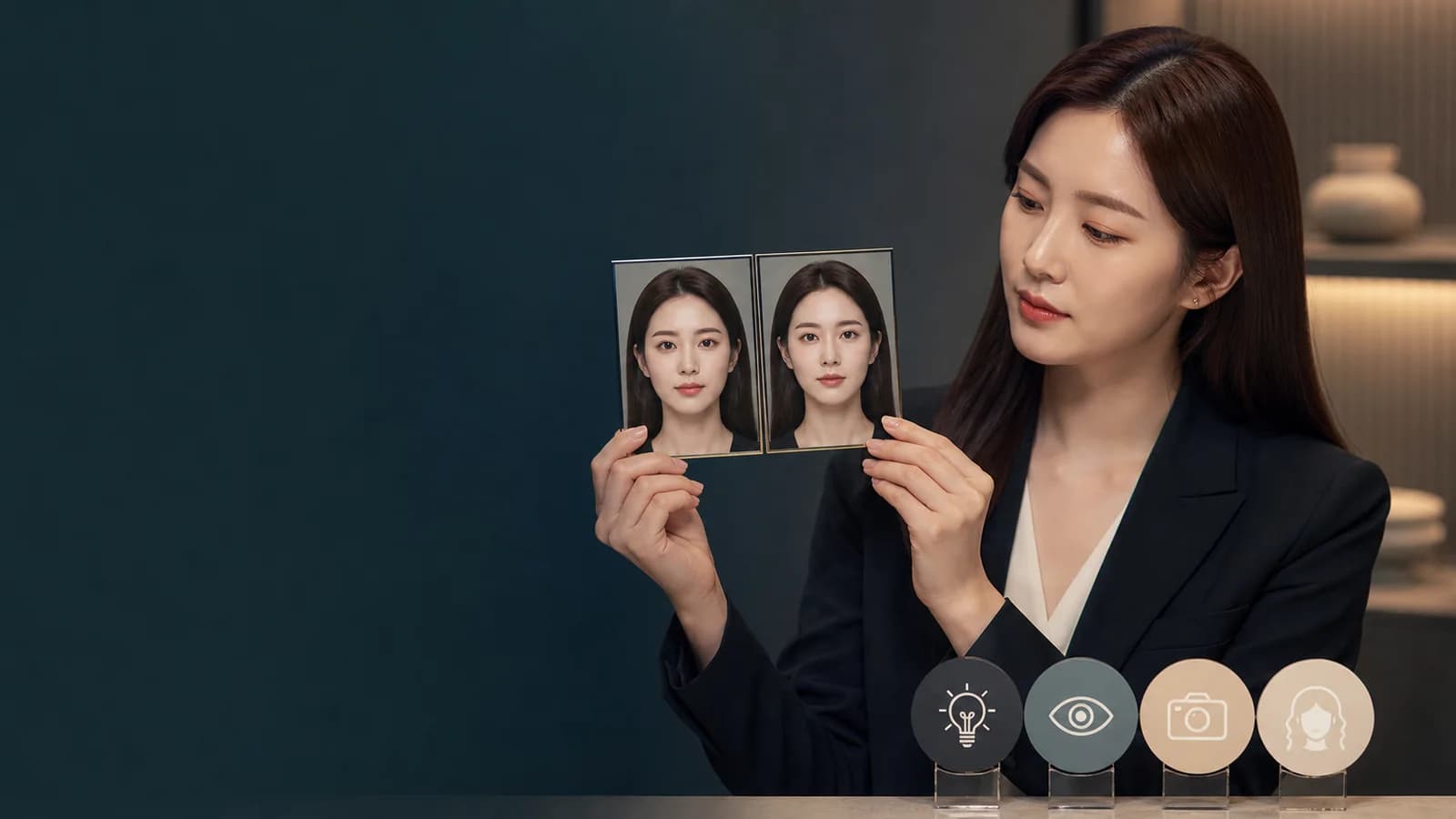 같은 조명과 거리의 눈썹 사진 네 조건을 비교하는 성인 한국인 여성