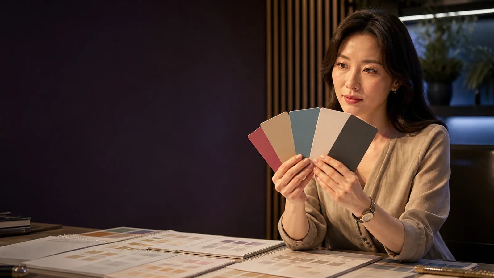 다섯 종류의 수업 시간을 타이머 카드로 비교하는 성인 한국인 수강 상담자